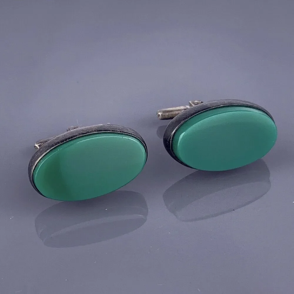Green Onyx Oval Cufflinks Sterling 925 Silver Simple Marked Mexico Vintage